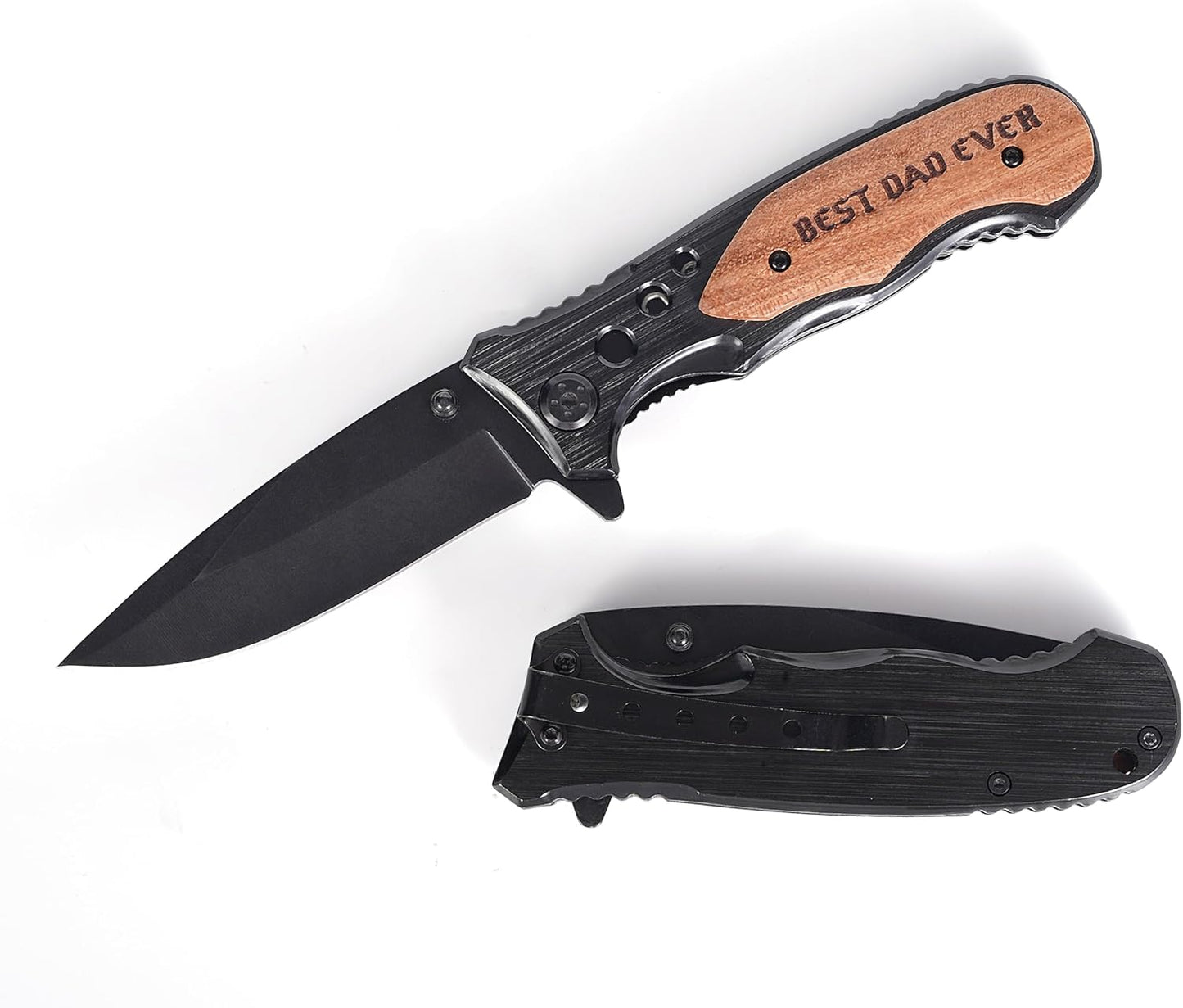 Cuchillo grabado mango madera hoja acero inox negro regalo papá