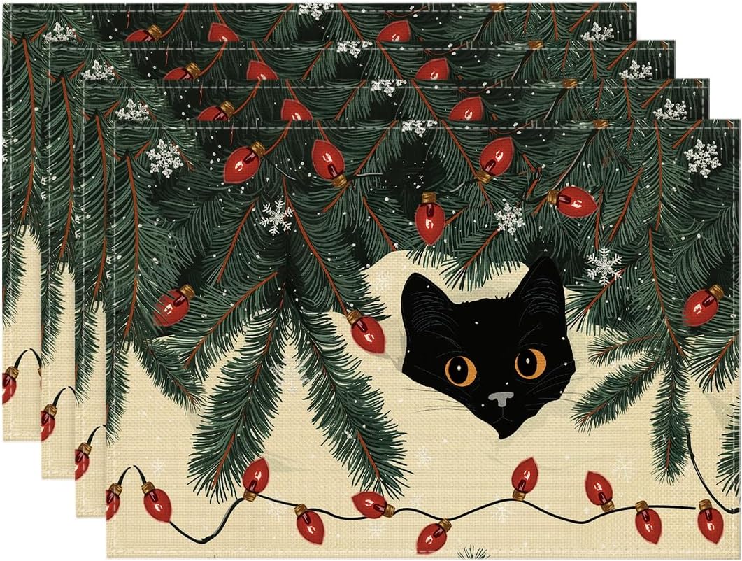 4 Manteles Navidad con Luces Gato 12x18pulg Mesa Fiesta