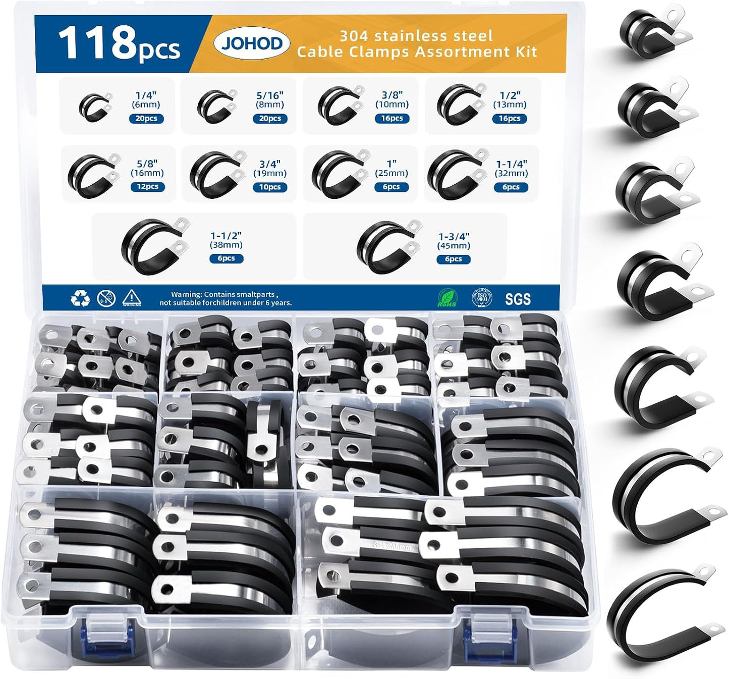 Kit 118 abrazaderas cable 10 tamaños 1/4 a 1-3/4 pulg
