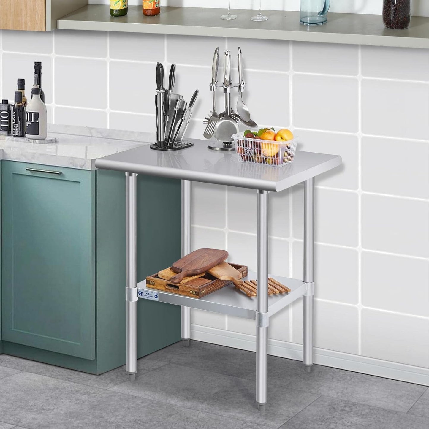 Mesa trabajo acero inox 24x30pulg NSF estante patas galvanizadas