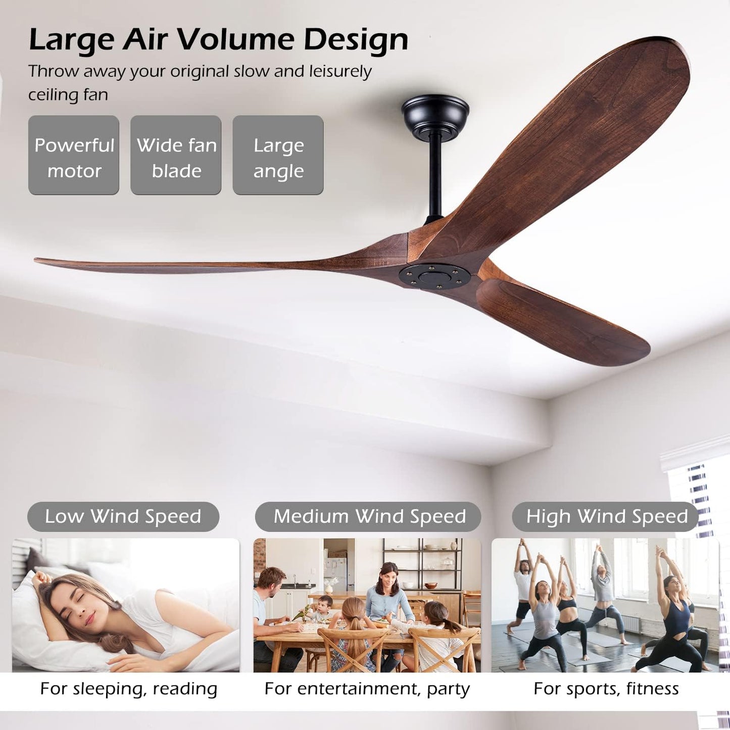 Ventilador techo 60pulg madera sin luz interiores exteriores