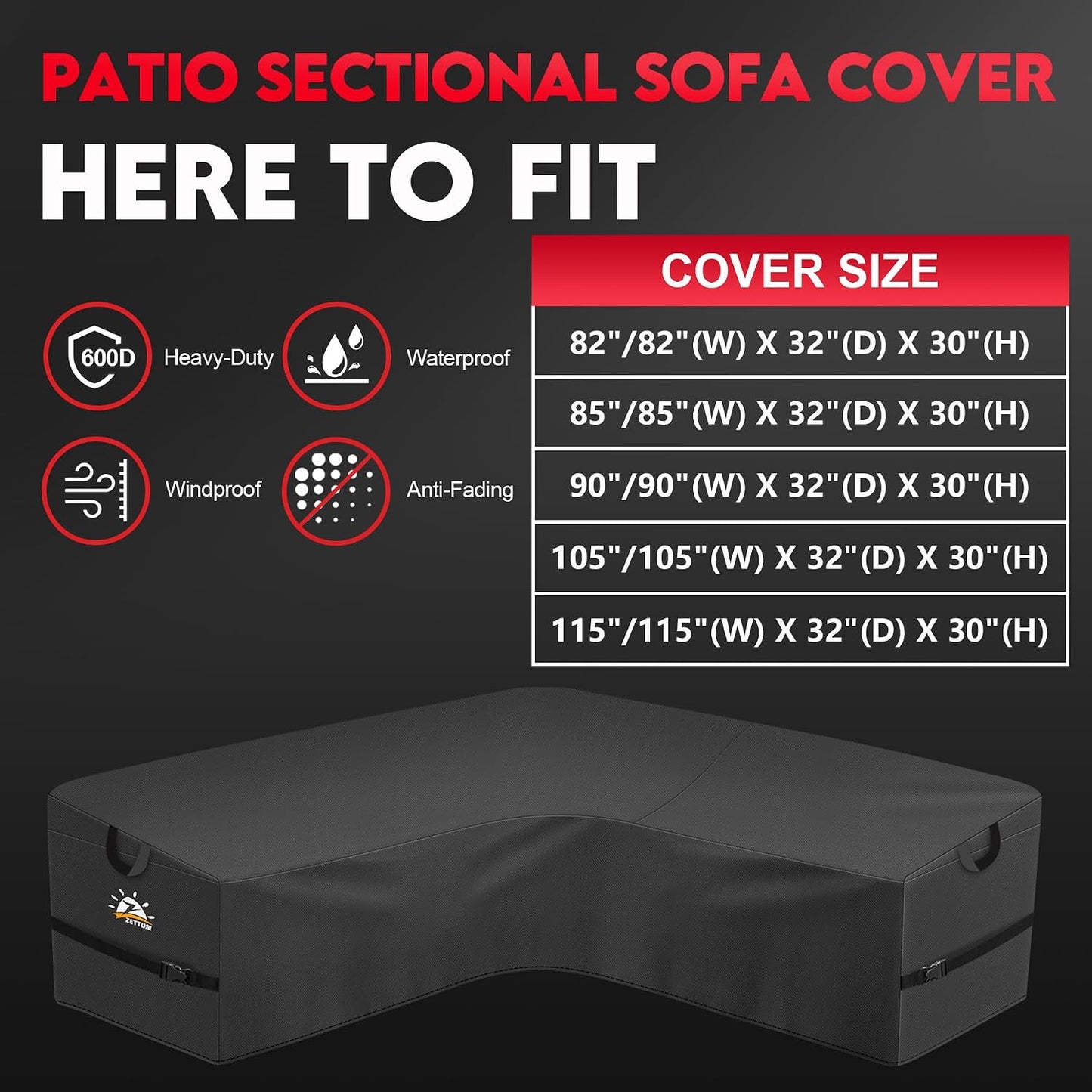 Funda seccional V sofá exterior 600D impermeable 115x115"