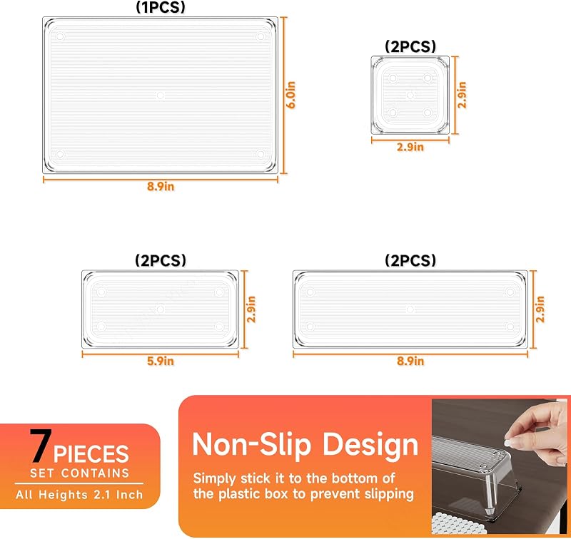 Set 7 organizadores cajones plástico transparente baño y tocador