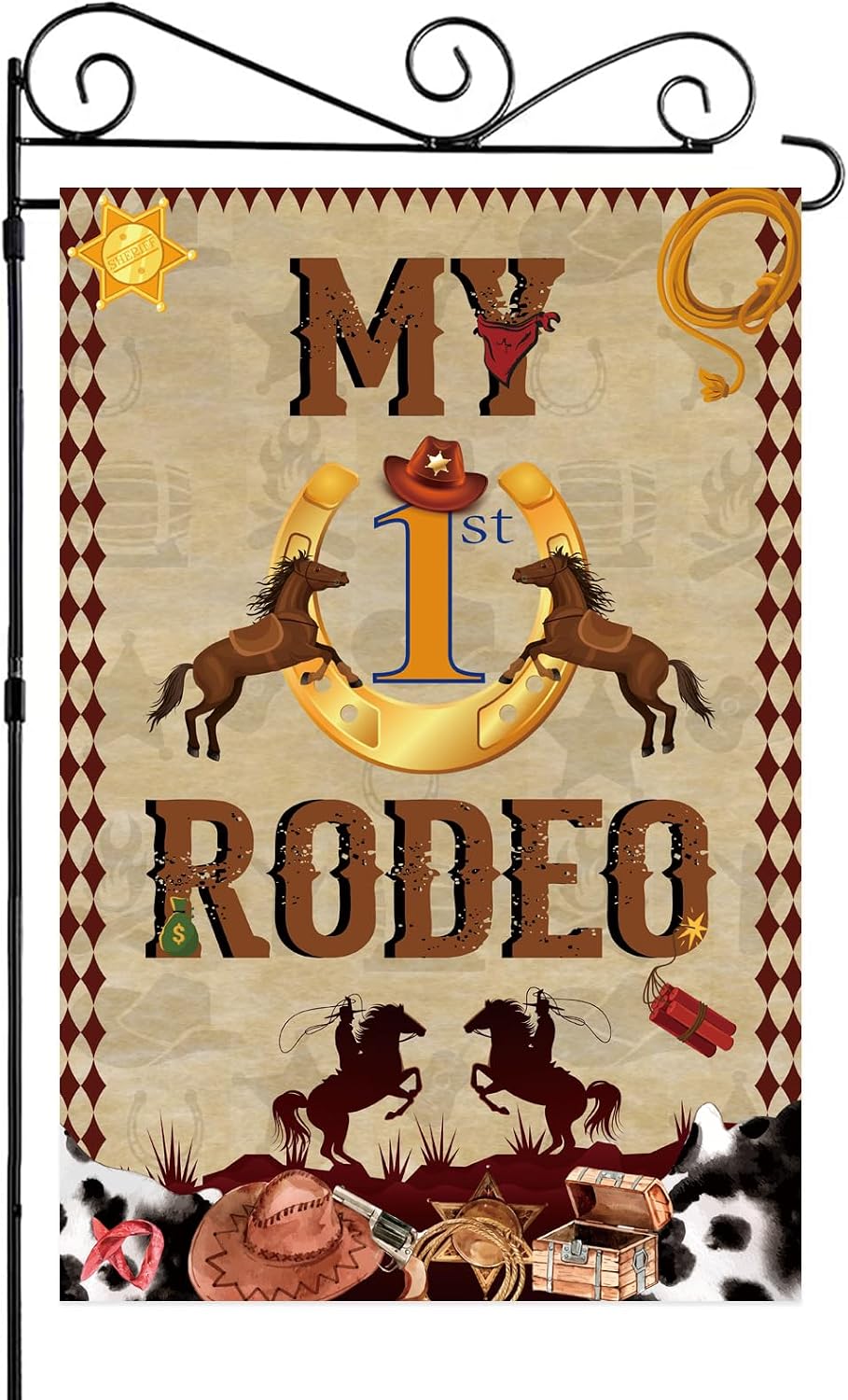 Bandera jardín primer cumpleaños vaquero texto inglés