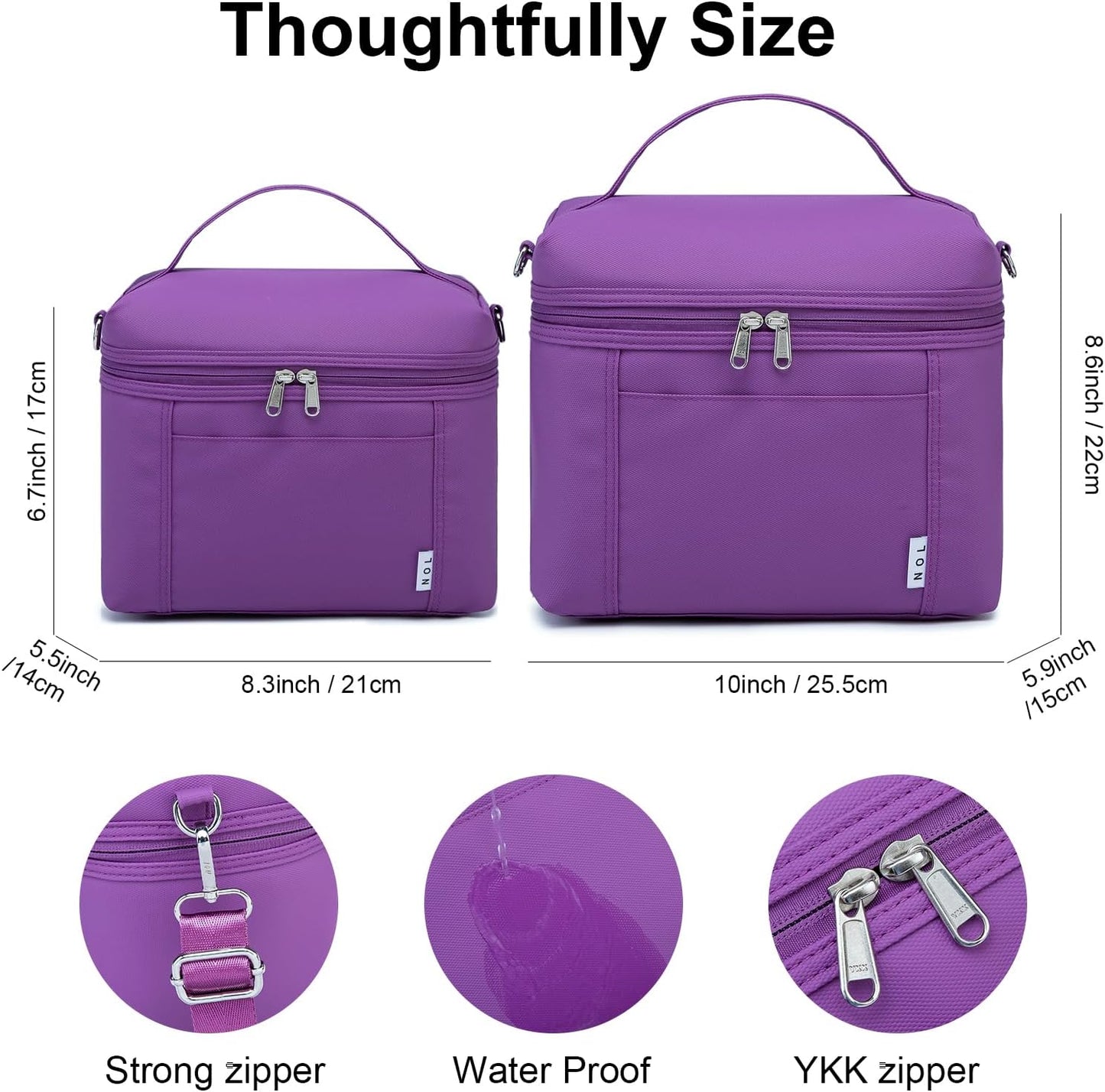 Bolsa almuerzo aislada nylon impermeable para mujer púrpura mediana