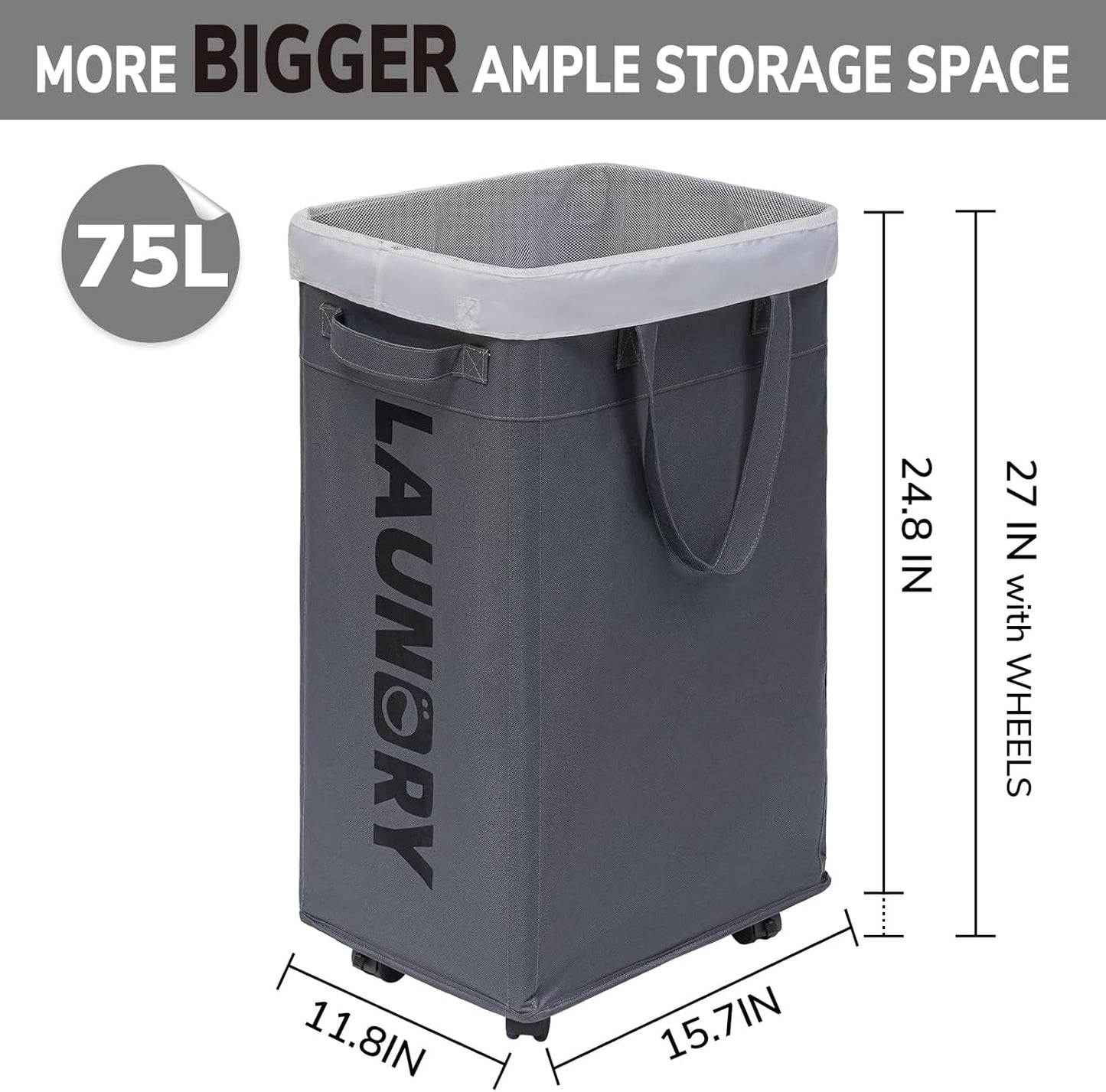 Cesta lavandería rodante 75l plegable con bolsa extraíble gris