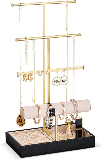 Soporte joyas 4 niveles terciopelo ranuras anillos aretes negro