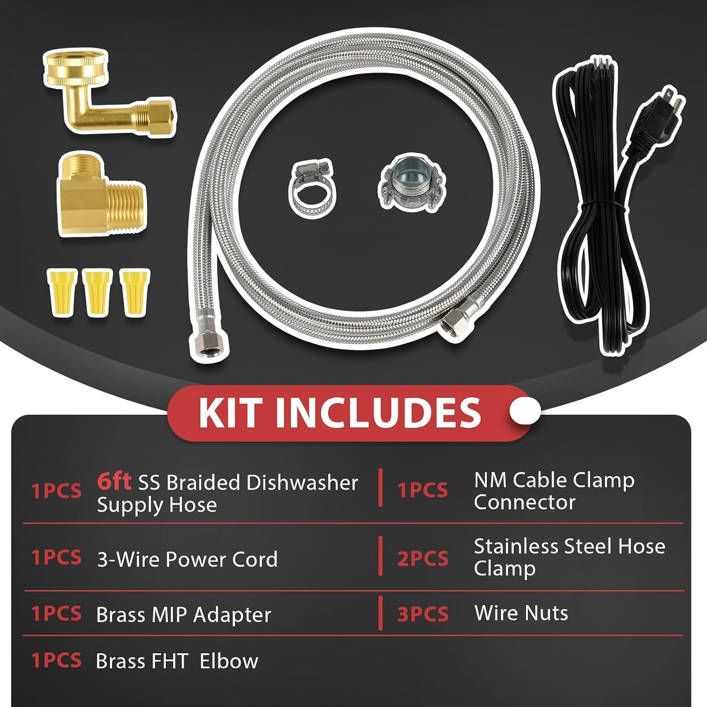Kit instalación lavavajillas manguera acero inox 6ft adaptador 3/8pulg