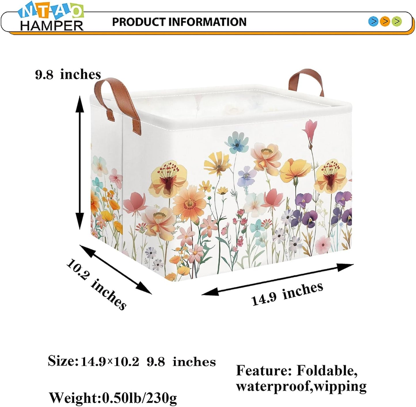 Cesta almacenamiento rectangular con asas para juguetes bebé