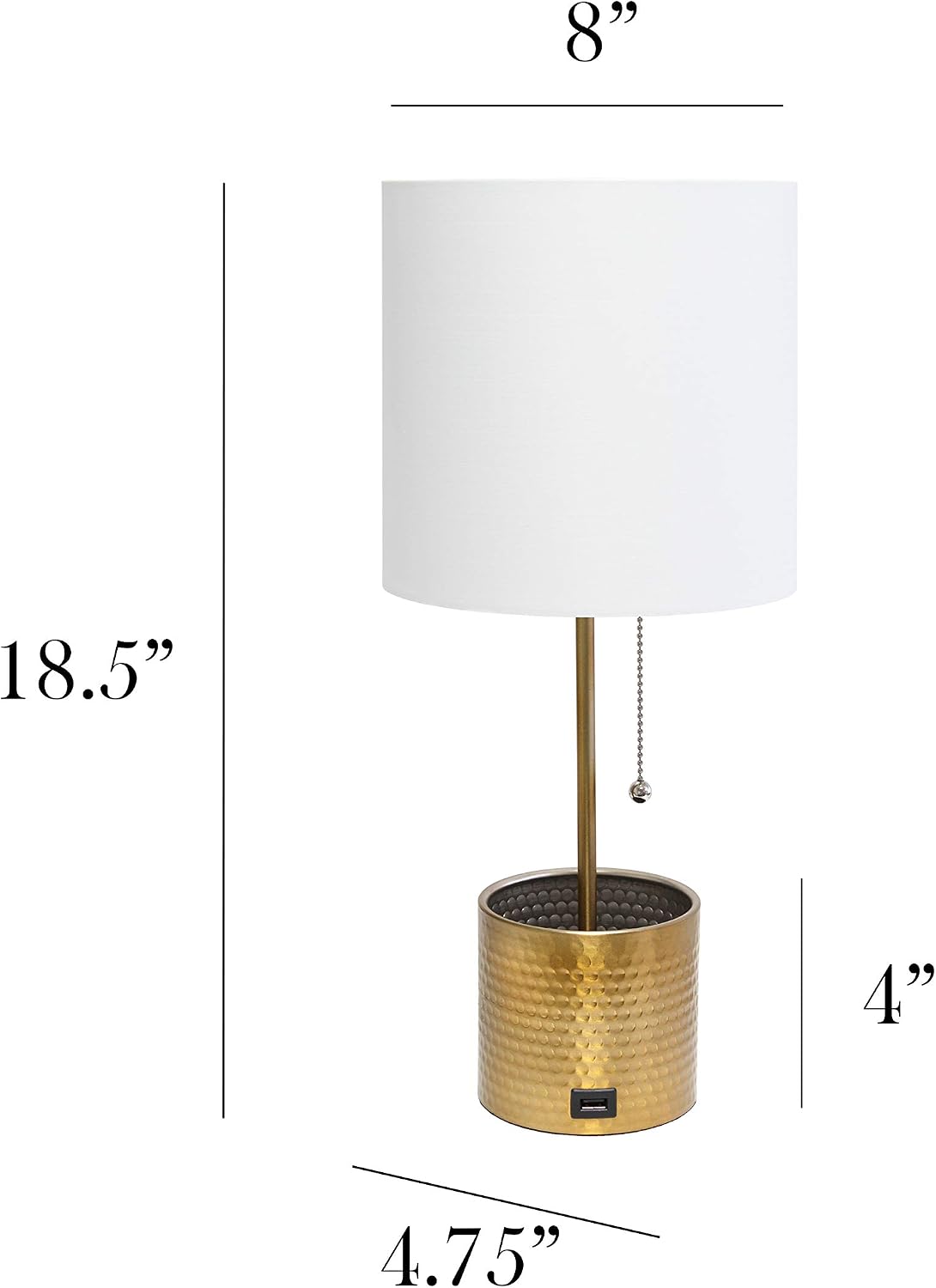 Lámpara mesa metal martillado USB tela color dorado