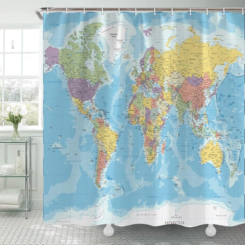 Cortina ducha mapa mundo educativo 69x70pulg con ganchos