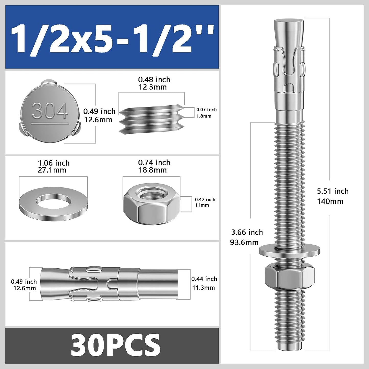 30 Sujetadores 1/2x5-1/2pulg Acero Inox para Cemento