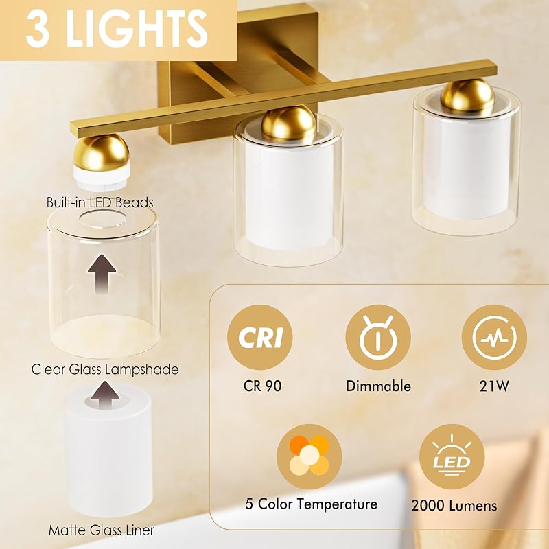 Lámpara baño 3 luces LED regulable 16" vidrio blanco leche