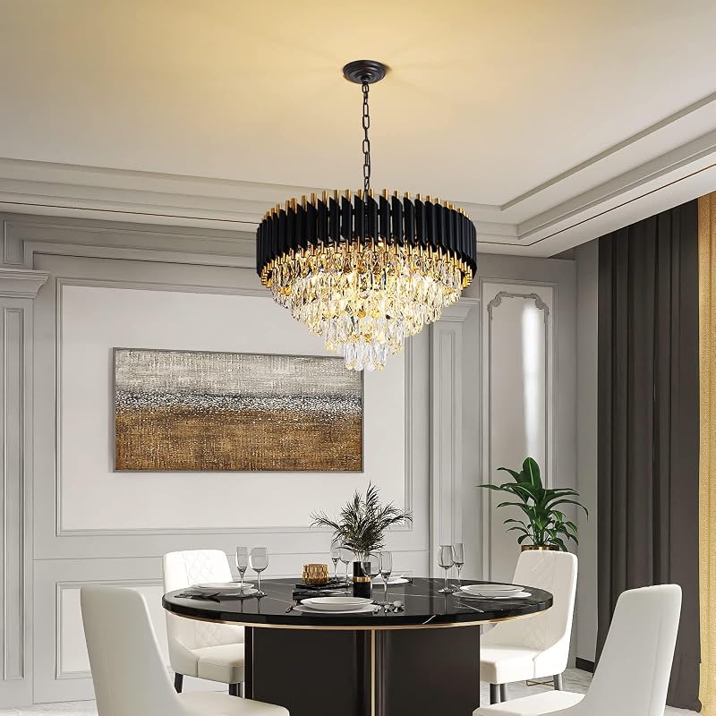 Candelabro moderno dorado y negro 5 niveles 24pulg 12 luces