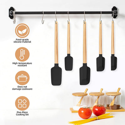 Set 5 Espátulas Silicona Mango Madera Cocina Antiadherente Negro