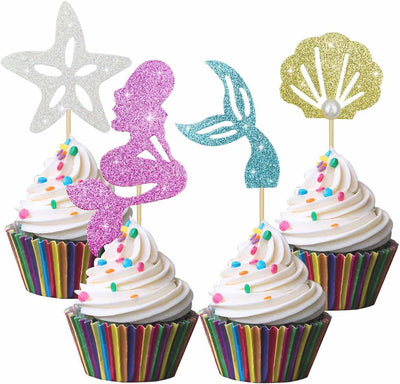Set 28 Pzas Purpurina Sirena para Cupcakes Azul Amarillo