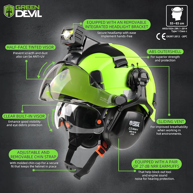 Casco seguridad luz recargable visera ventilada ANSI Z89.1