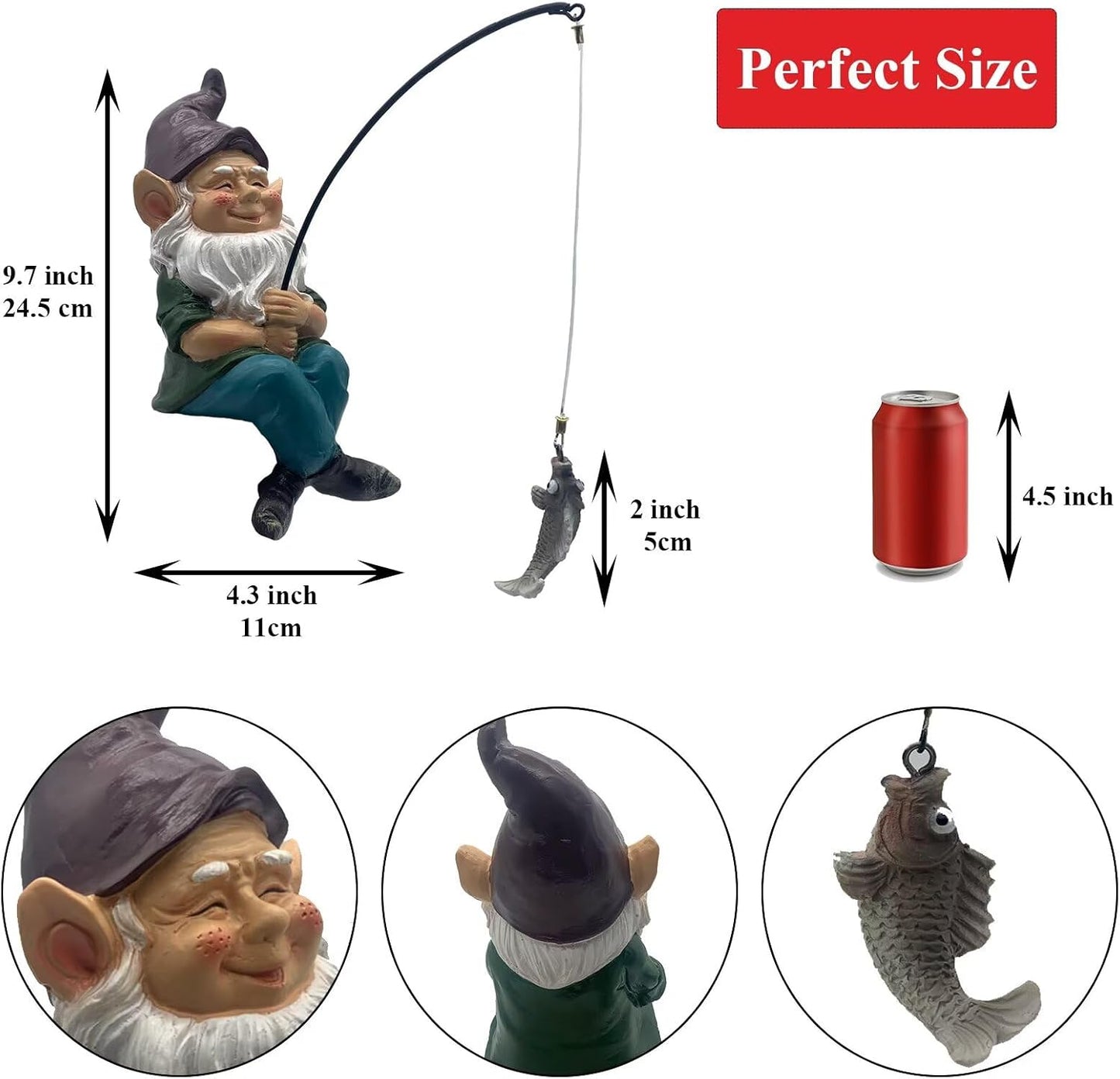 Estatua Gnomo Pescador 9.7" Decoración Jardín