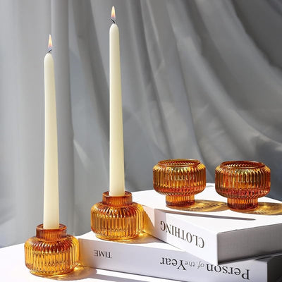 Set 4 Portavelas Ámbar Cónicos Vidrio Acanalado Boda Otoño