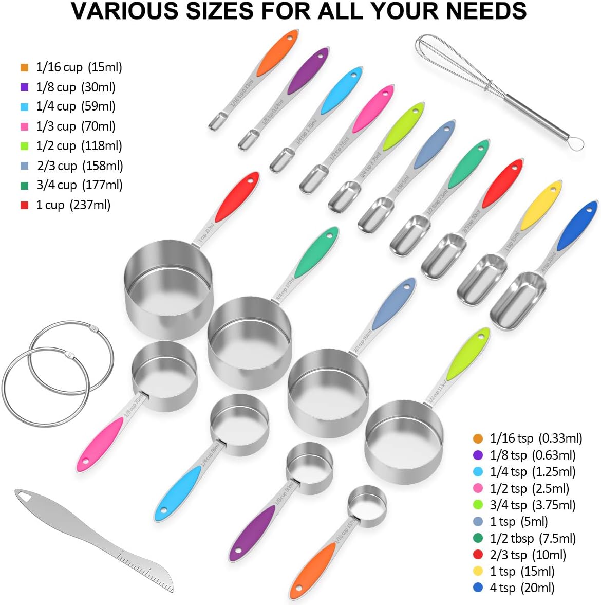 Set 20 Tazas y Cucharas Medidoras Acero Inox Apilables