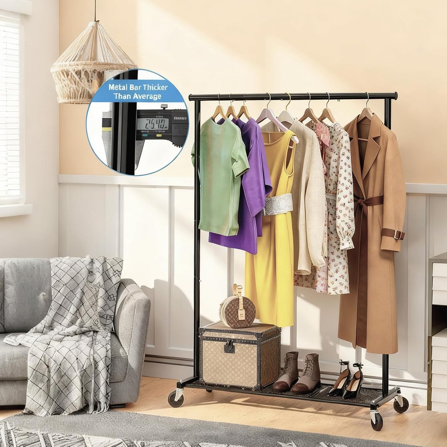 Perchero con ruedas 64" para dormitorio lavandería negro