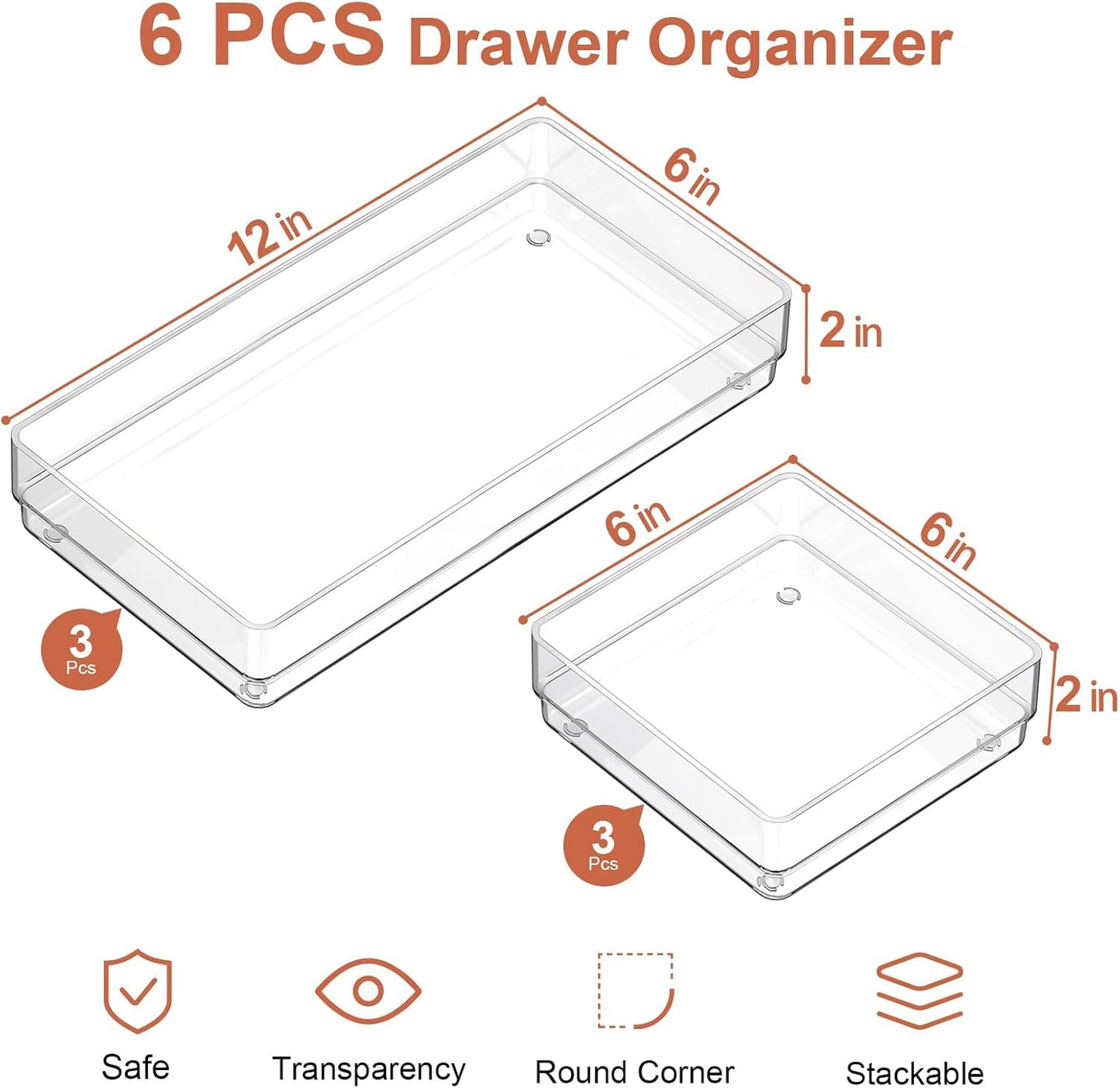 Set 6 organizadores cajones plástico transparente antideslizante