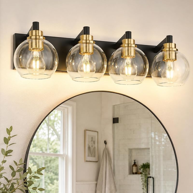 Lámpara baño 4 luces globos vidrio transparente negro dorado