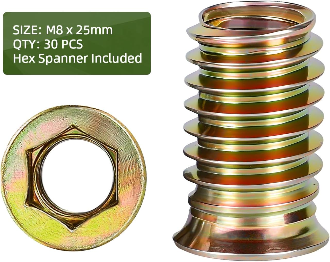 30 Pzas Insertos Roscados M8-1.25x25mm para Madera con Llave