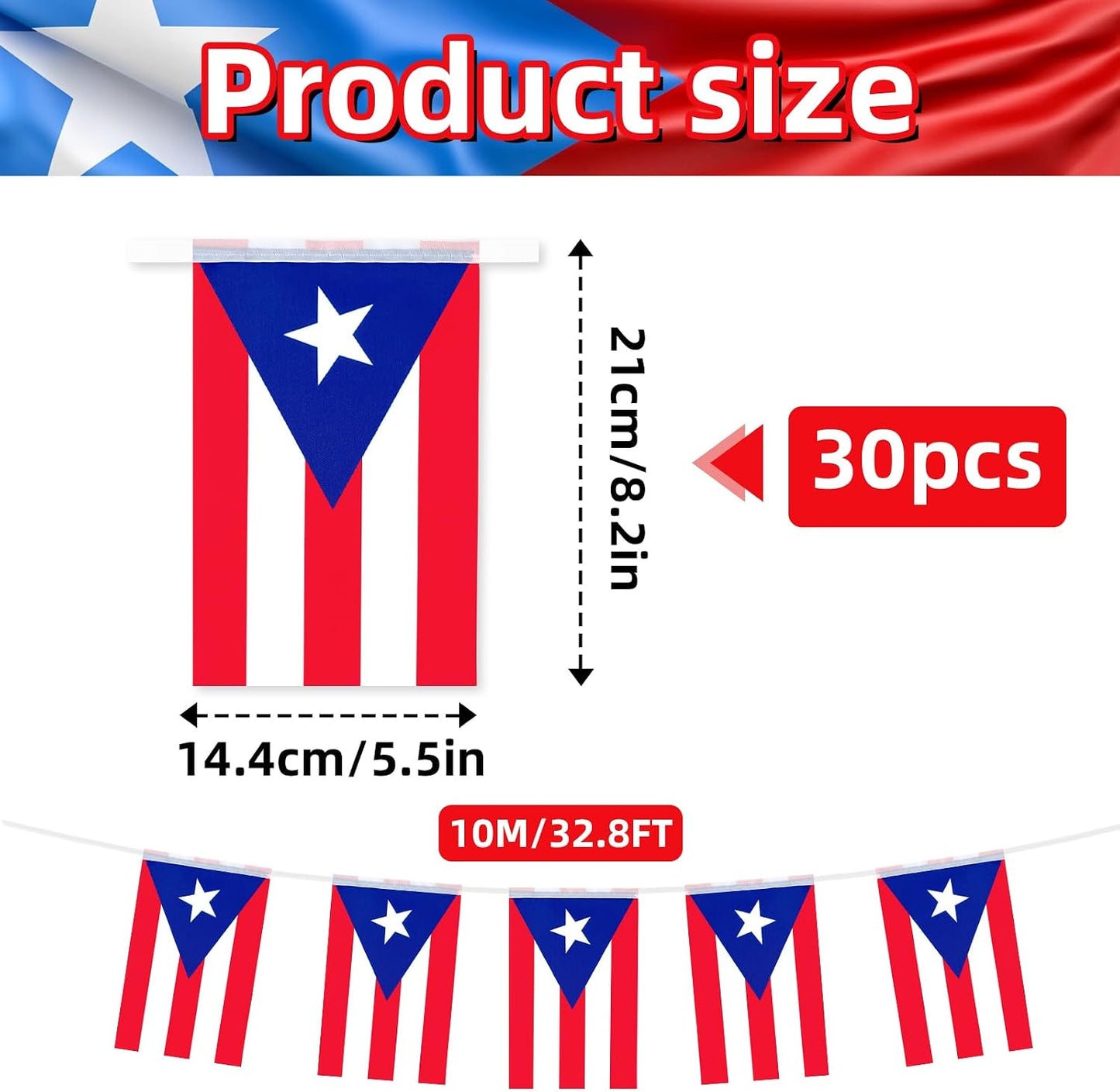 Bandera Puerto Rico 32.8ft con 30 banderines rojos blancos azules