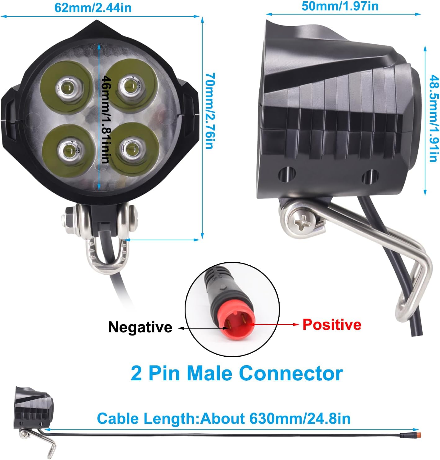 Faro delantero bicicleta eléctrica 12-60 V conector 2 pines