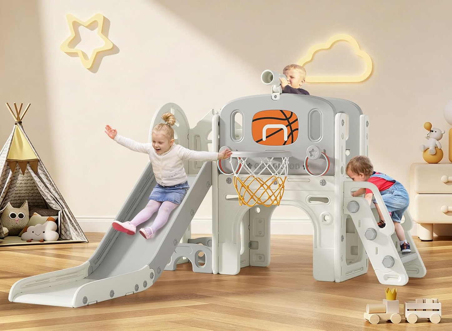 Zona set 9en1 con tobogán anillo baloncesto telescopio