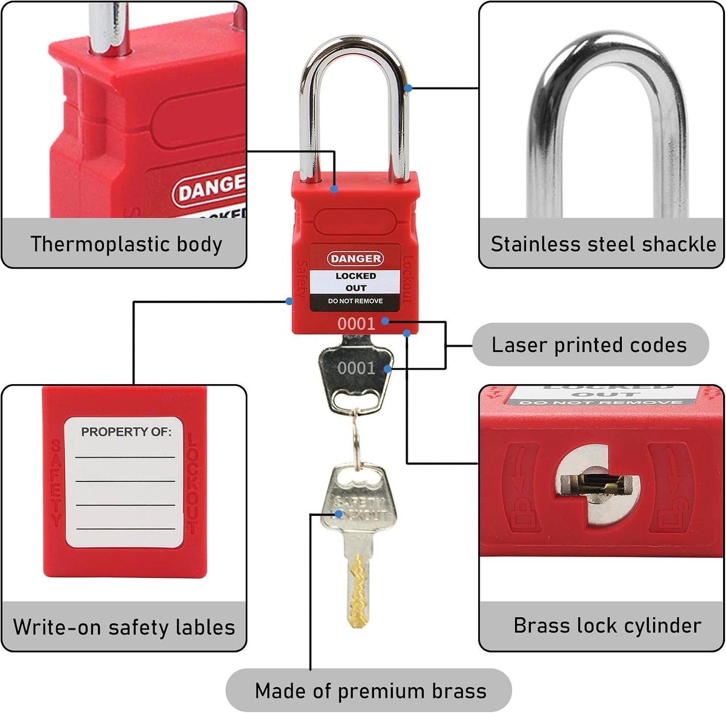 Cerraduras bloqueo etiquetado pack 5 rojas con llave OSHA