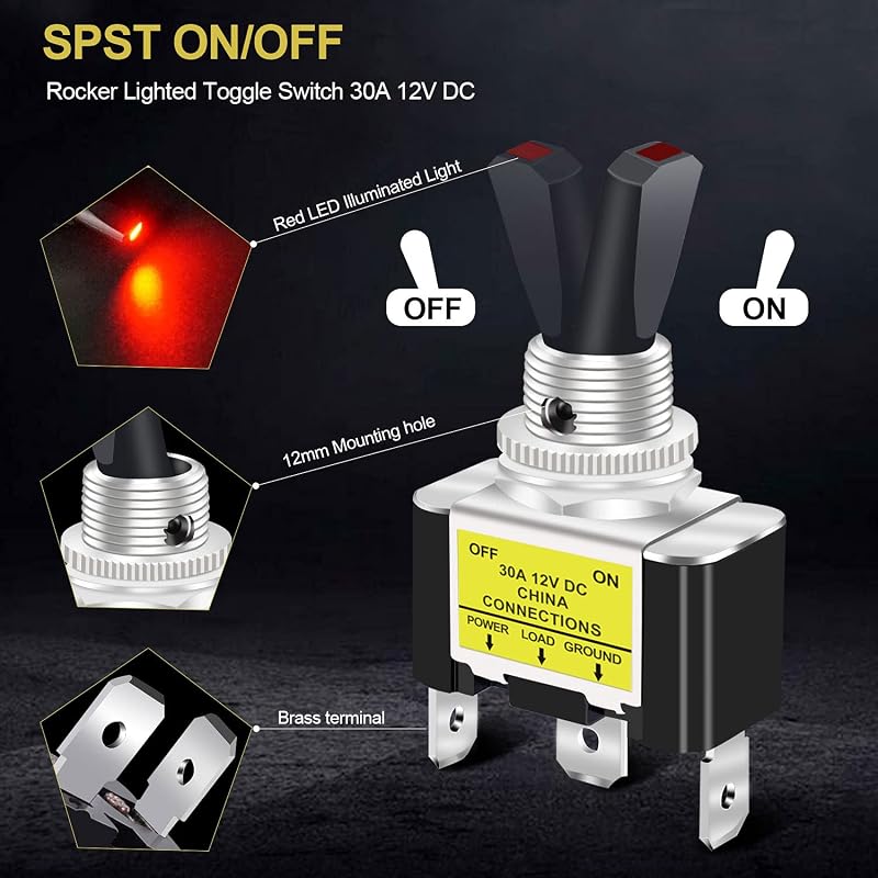 Interruptor palanca 30A 12V DC SPST coche con luz LED roja