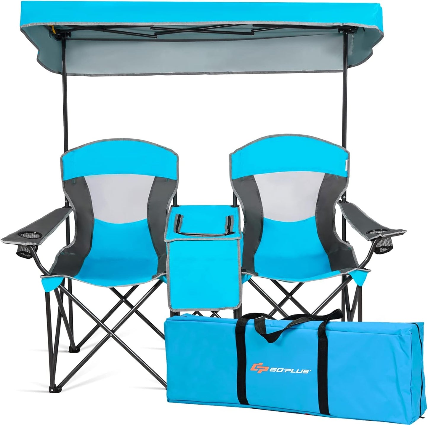 Asiento campamento doble con toldo mesa bebidas silla