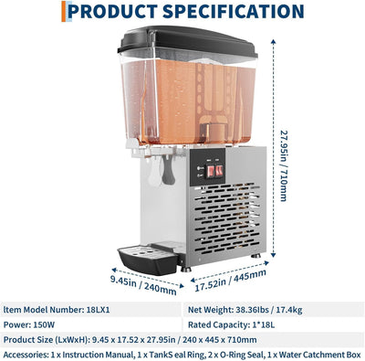 Dispensador bebidas comerciales acero inox 4.8gal