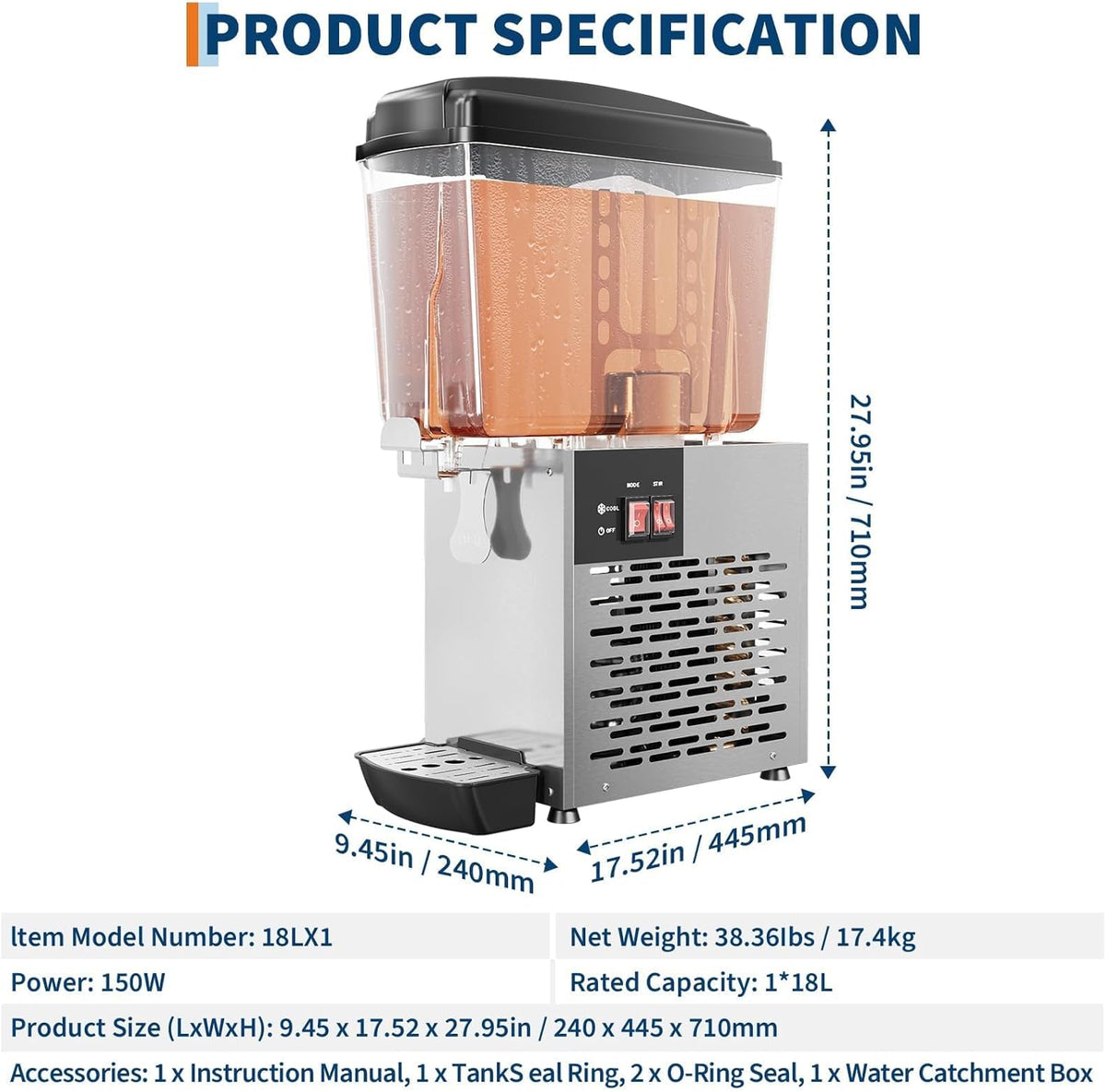 Dispensador bebidas 18L acero inox refrigerado con termostato