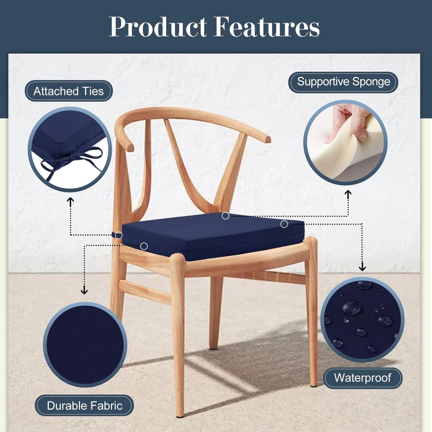 4 Cojines silla exterior impermeables 18.5x16" azul marino