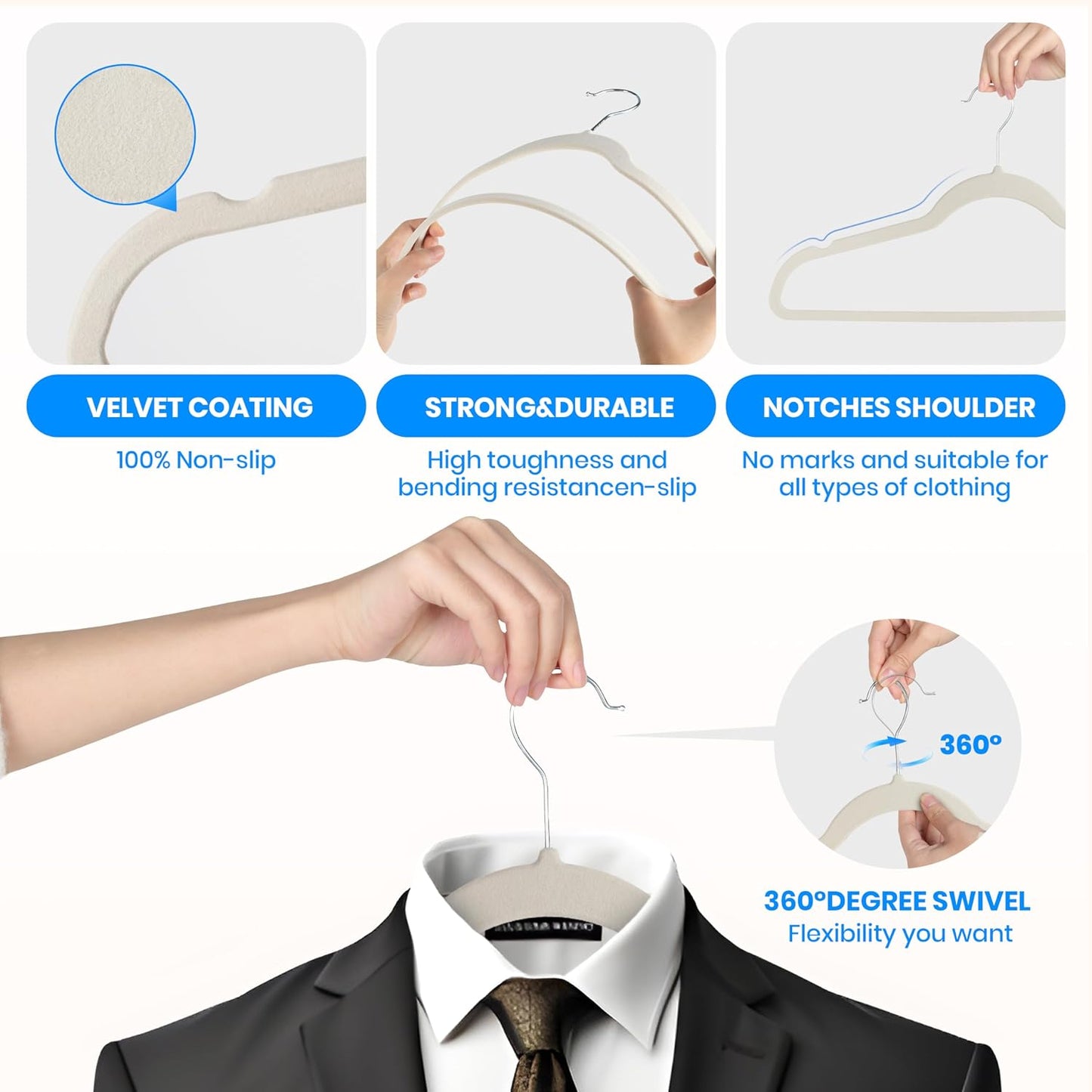 70 Perchas Terciopelo Antiderrap con Ganchos 360° Blanco