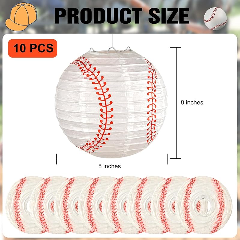 10 Linternas papel béisbol decorativas 8pulg para fiestas