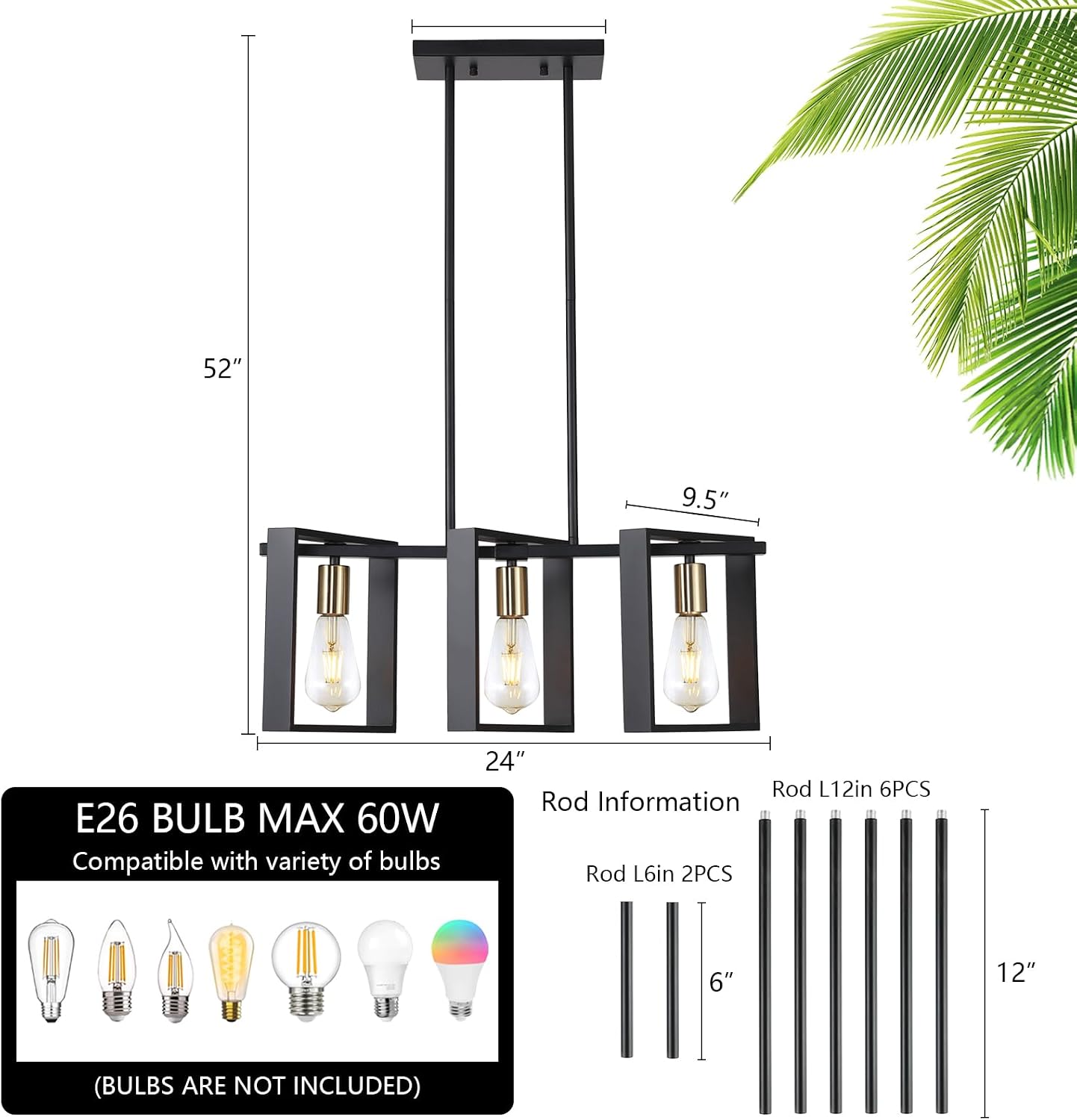 Lámpara colgante isla cocina 3 luces marco negro