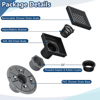 Drenaje cuadrado 4pulg acero inox base PVC cubierta extraible negro