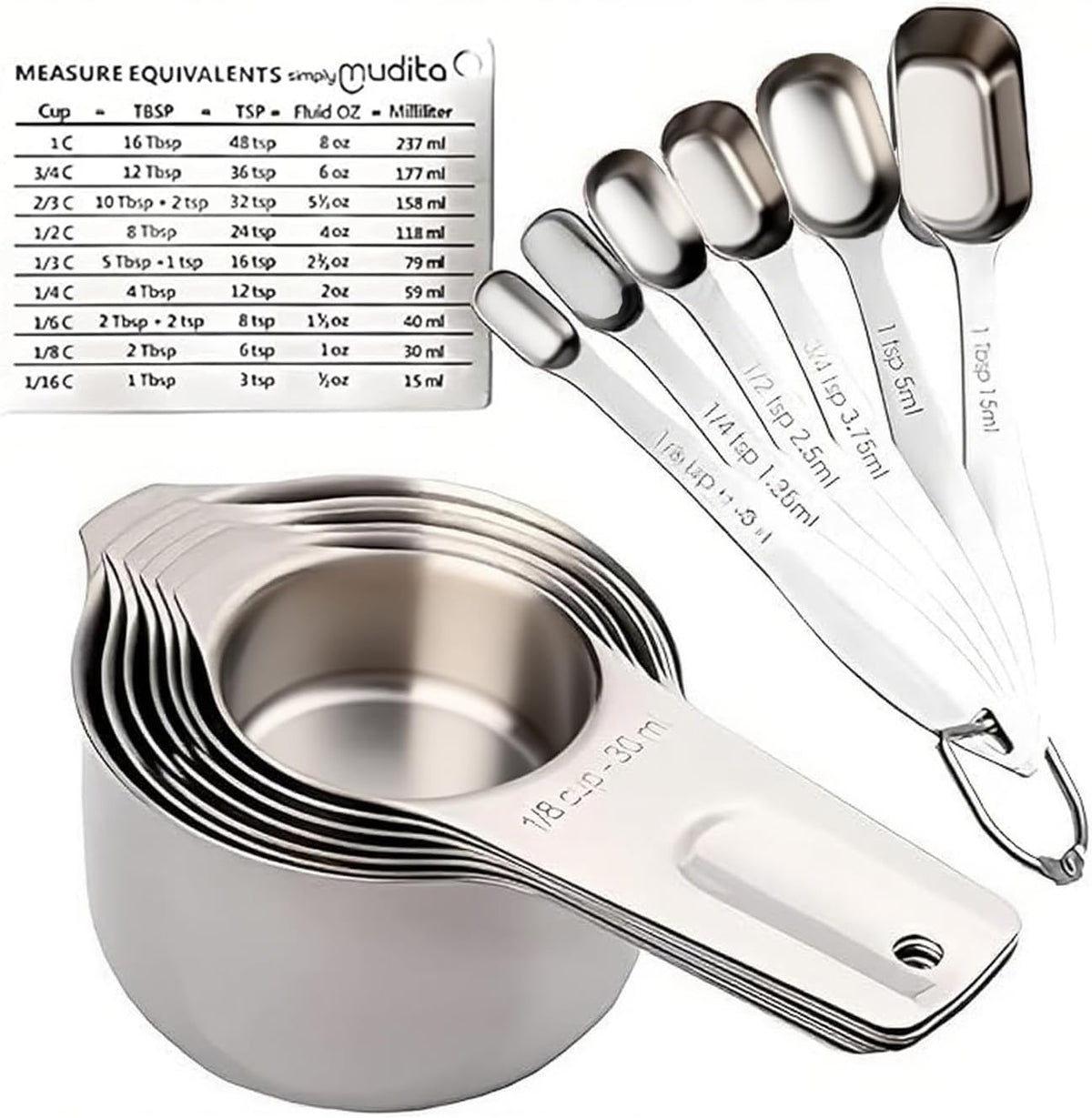 Set 7 Tazas y 5 Cucharas Acero Inox 18/8 con Mesa Magnética