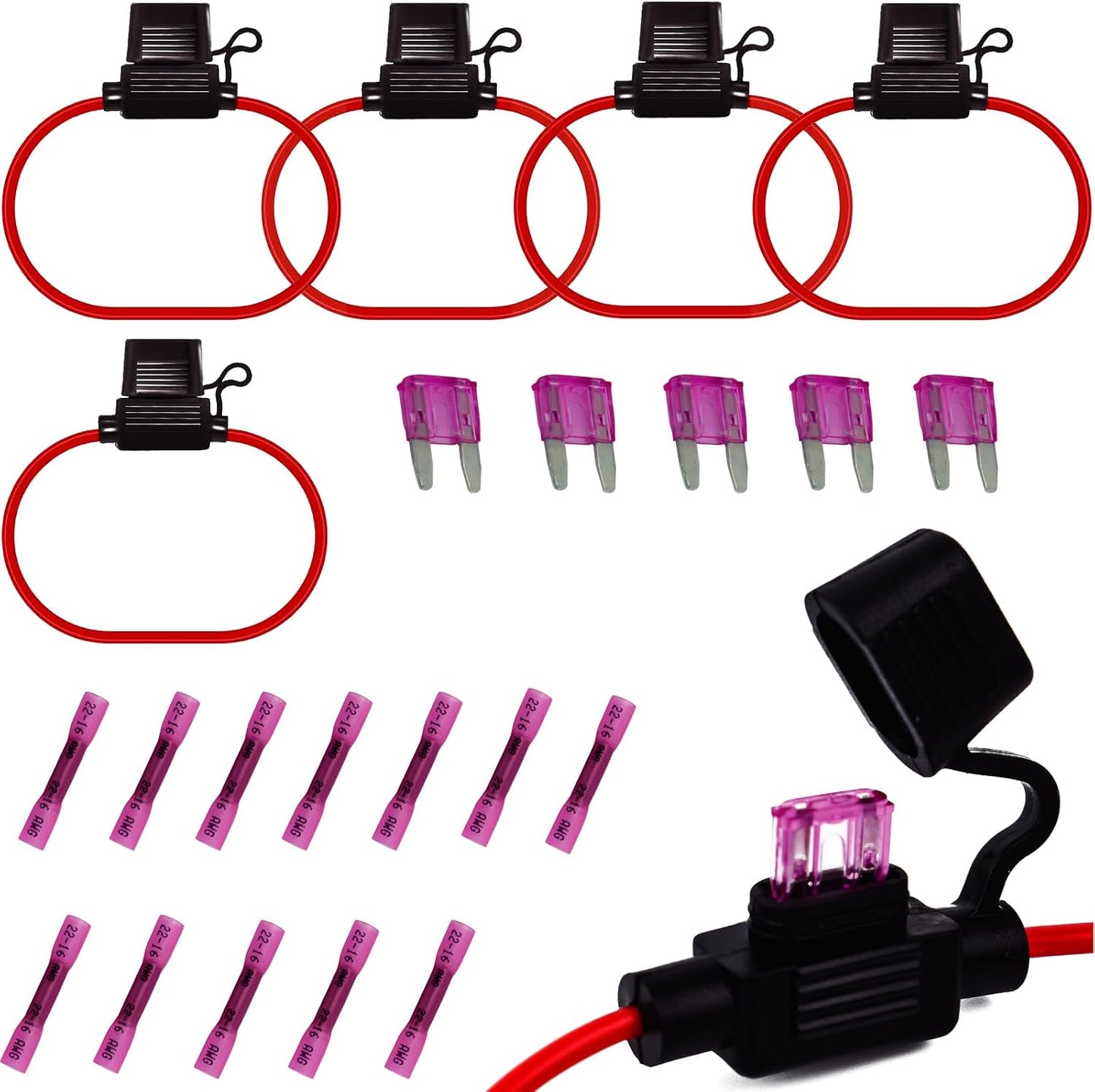 Juego 6 portafusibles 18 AWG 3A con conectores termorretráctiles