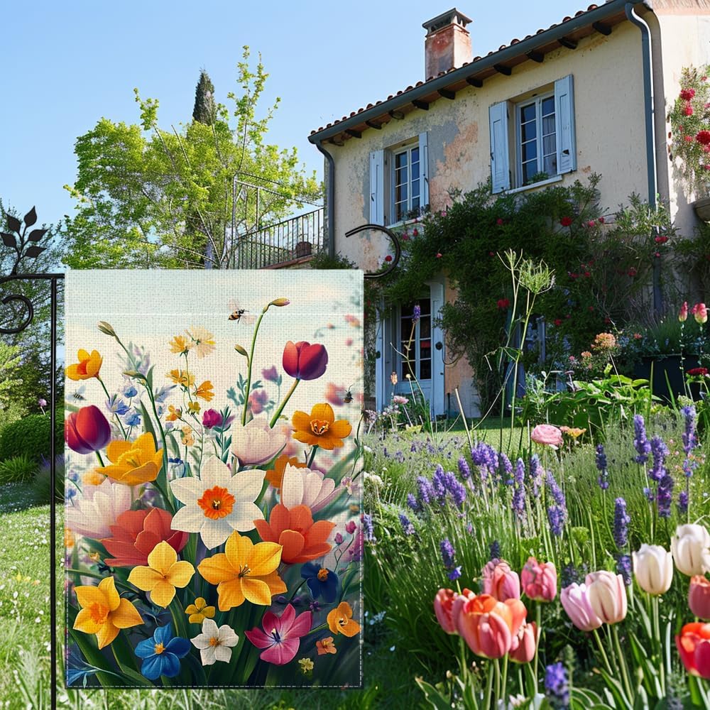 Bandera jardín tulipán narciso abeja 12x