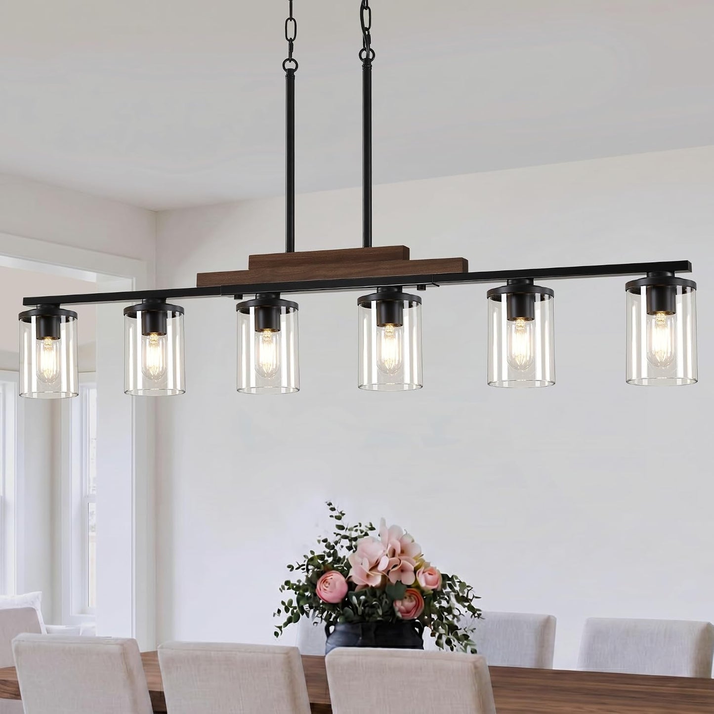 Lámpara comedor 6 luces candelabro negro vidrio madera