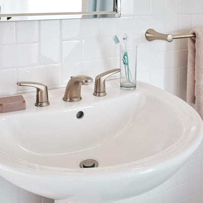 Grifo baño arco bajo 2 manijas níquel cepillado 1.2gpm