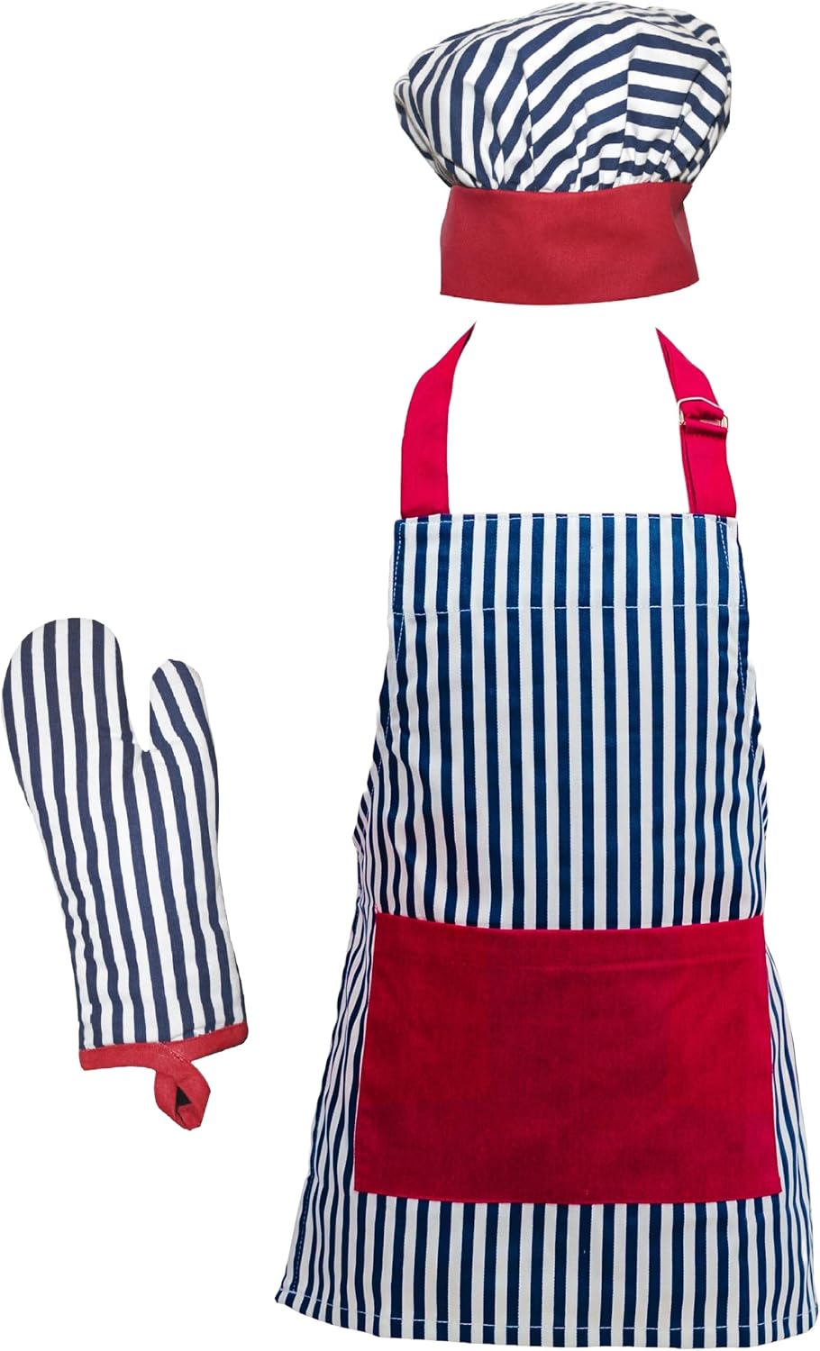 Set delantal guante gorro chef algodón rayas azul
