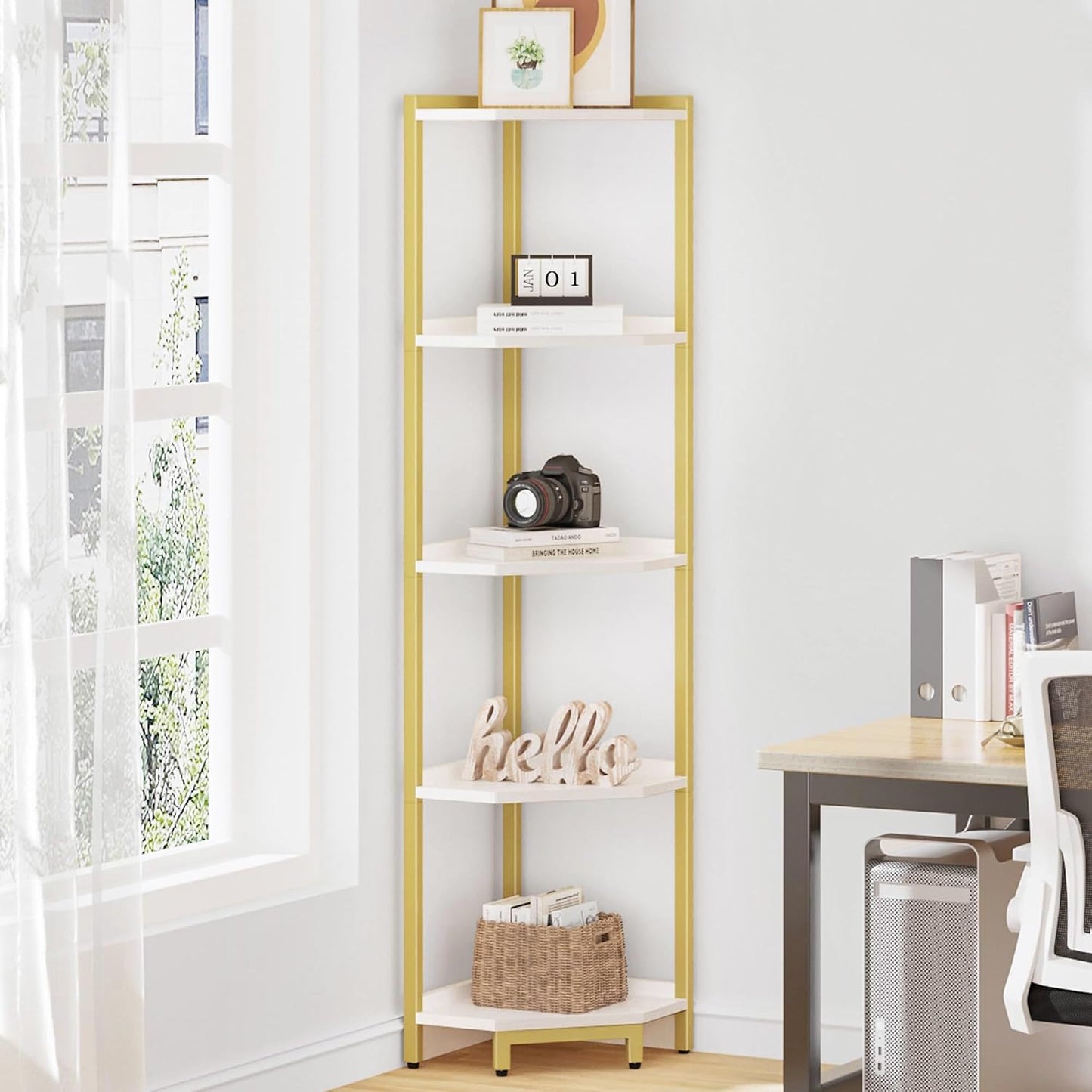 Estante de esquina con soporte para plantas y libros