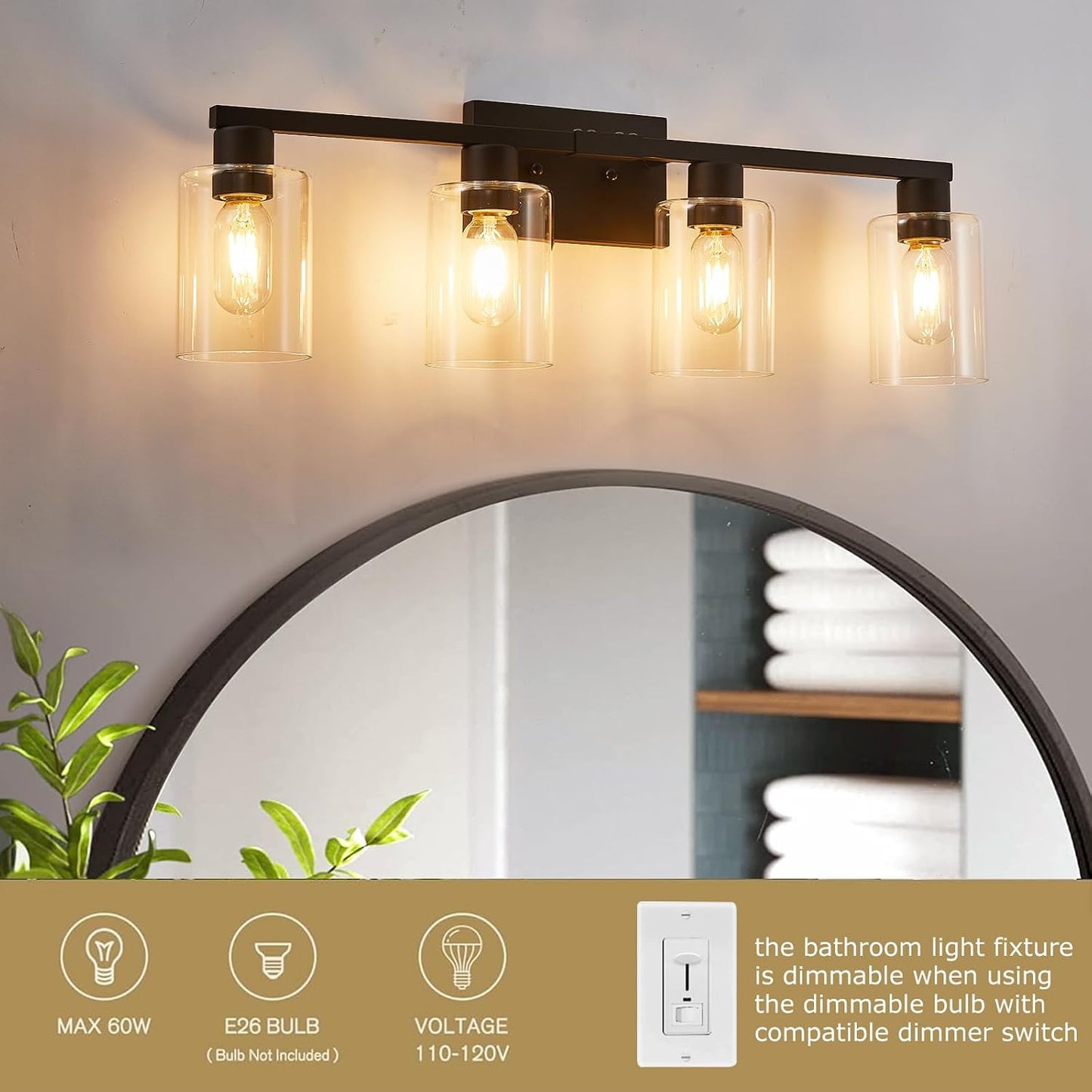 Lámpara baño 4 luces estilo rústico vidrio negro