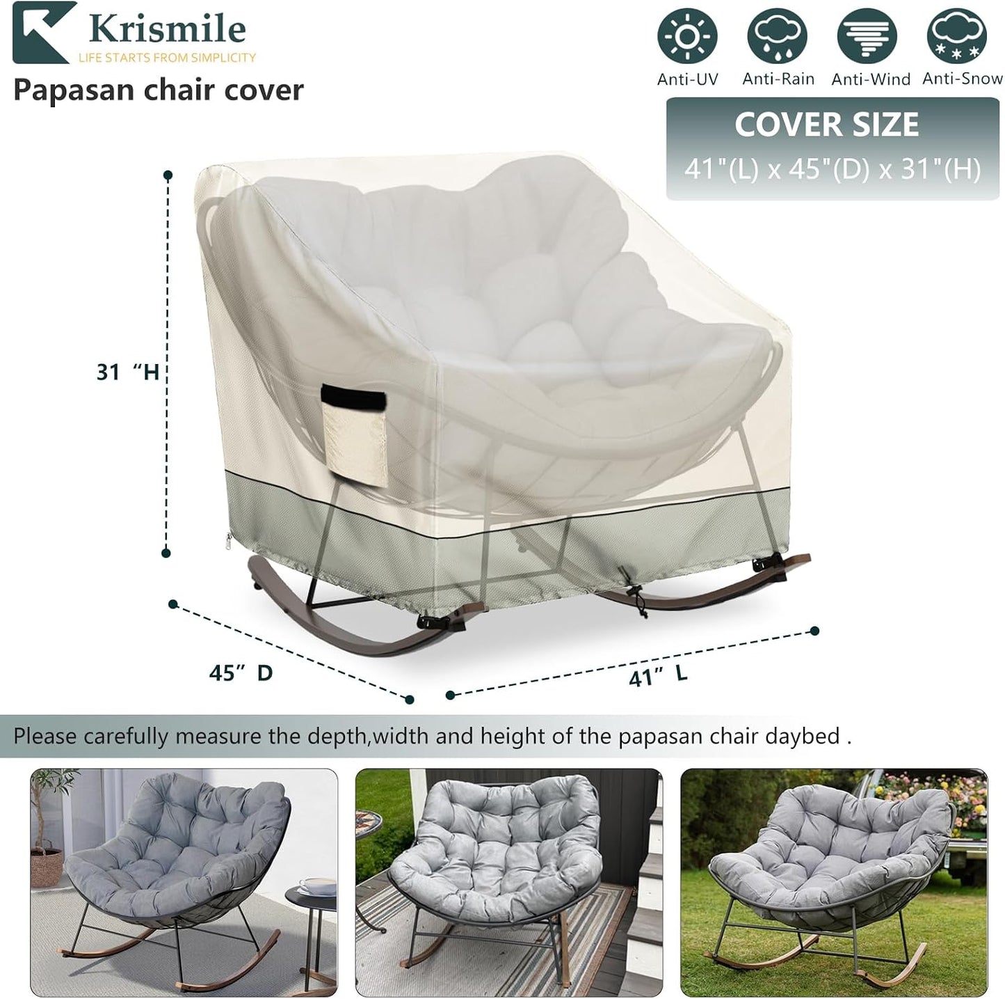 Silla mecedora Papasan resistente impermeable cremallera blanco gris